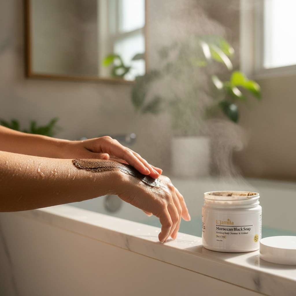 Woman applying Black Soap to wet arm in hot bath