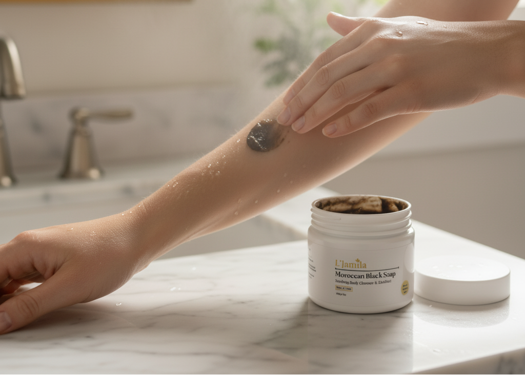 Woman applying Black Soap to wet arm in steamy bathroom